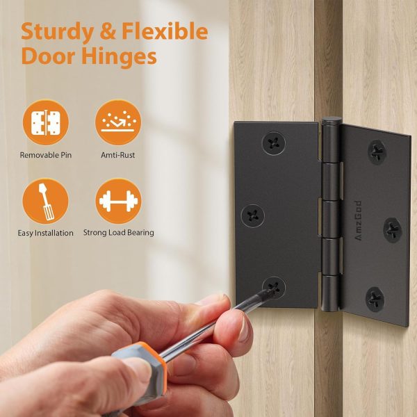 3.5 Inch Black Door Hinges with Square Corners and Features