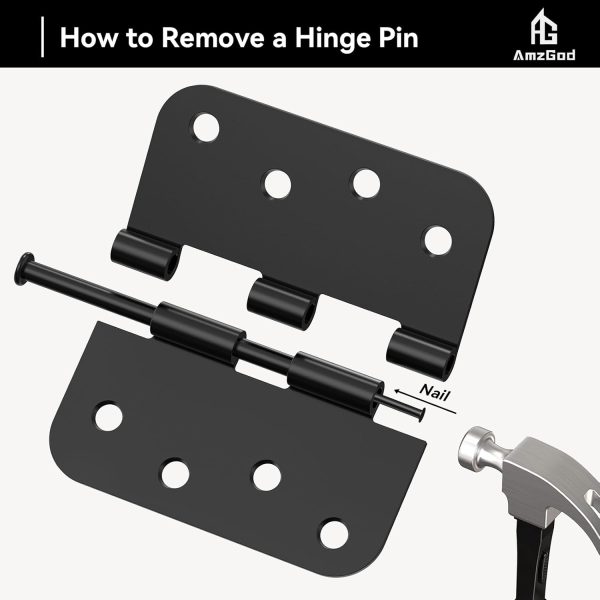 4 Inch Black Door Hinges with 5/8" Radius Corners Remove A Pin