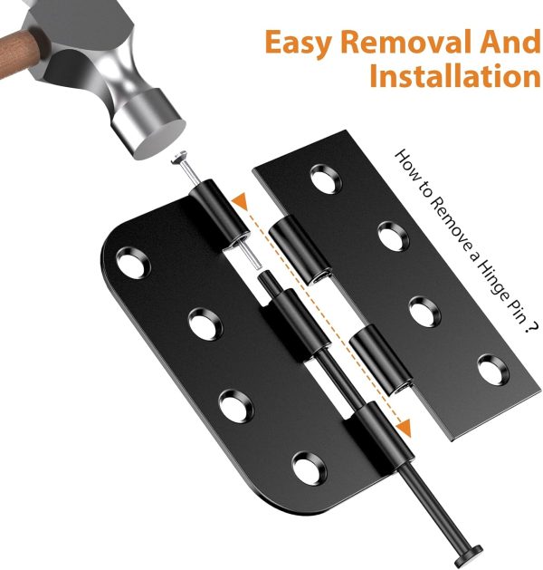 4 Inch Black Door Hinges with Square & 5/8" Radius Corners Remove A Pin
