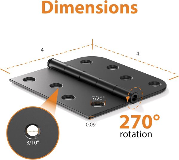 4 Inch Black Door Hinges with Square & 5/8" Radius Corners Size