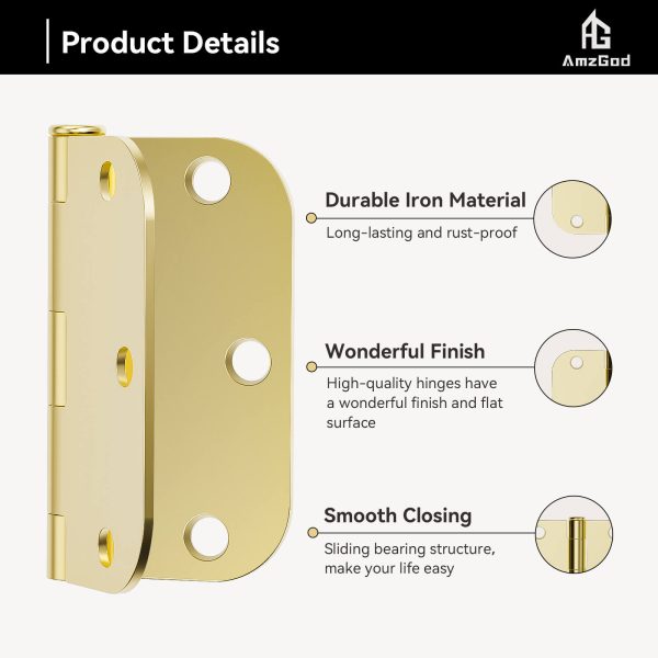 Brass Door Hinges with 3.5 Inch & 5/8" Radius Corners, Polished Finish, Details