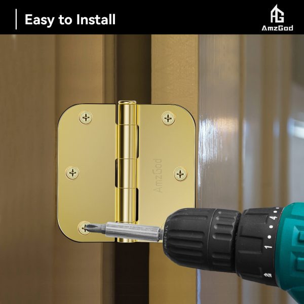 Brass Door Hinges with 3.5 Inch & 5/8" Radius Corners, Polished Finish, Easy Install
