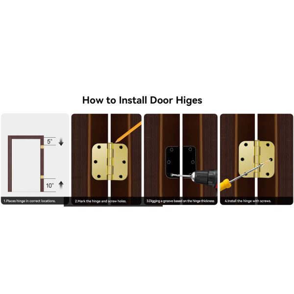 Brass Door Hinges with 3.5 Inch & 5/8" Radius Corners, Polished Finish, Installation Steps