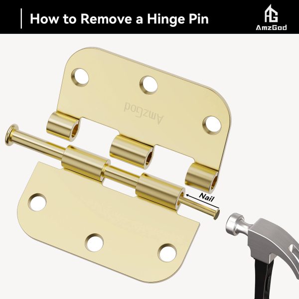 Brass Door Hinges with 3.5 Inch & 5/8" Radius Corners, Polished Finish, Remove A Pin