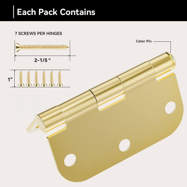 Brass Door Hinges with 3.5 Inch & 5/8" Radius Corners, Polished Finish, Screw Size