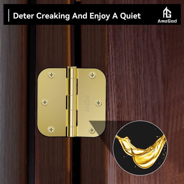 Brass Door Hinges with 3.5 Inch & 5/8" Radius Corners, Polished Finish, Whisper-Quiet