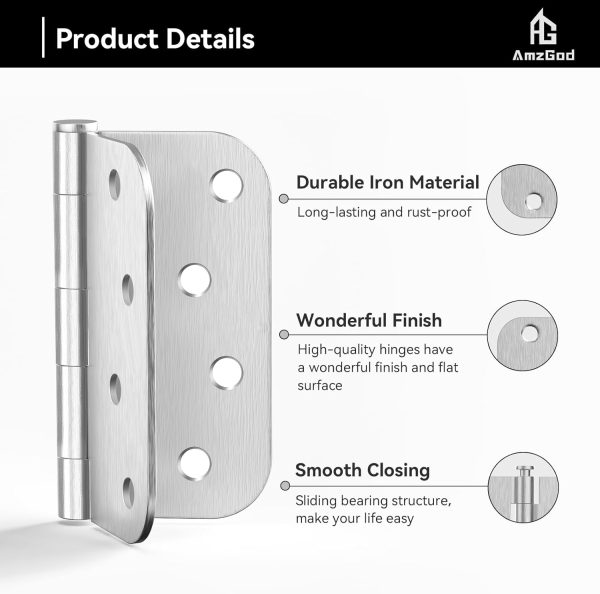 4 Inch Brushed Nickel Door Hinges with 5/8" Radius Corners Details