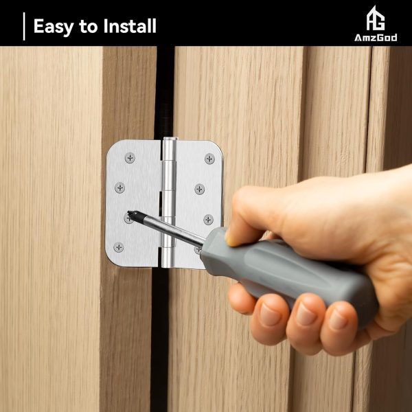 4 Inch Brushed Nickel Door Hinges with 5/8" Radius Corners Easy Install