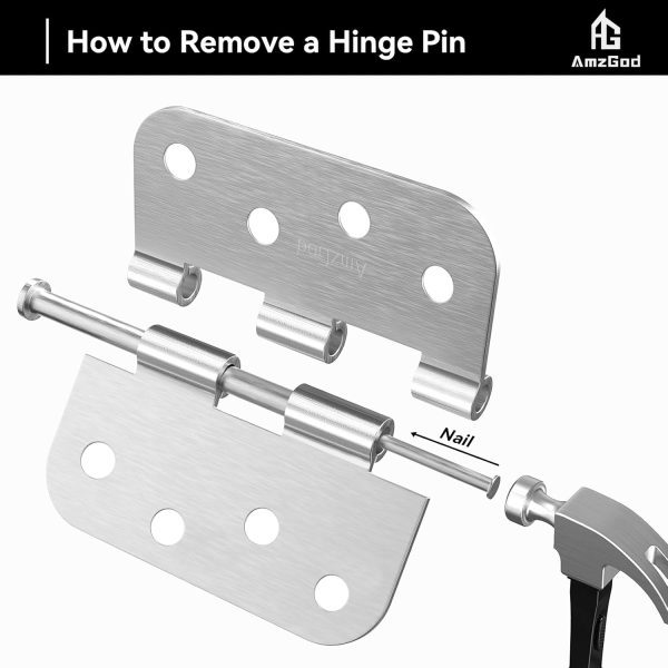 4 Inch Brushed Nickel Door Hinges with 5/8" Radius Corners Remove A Pin