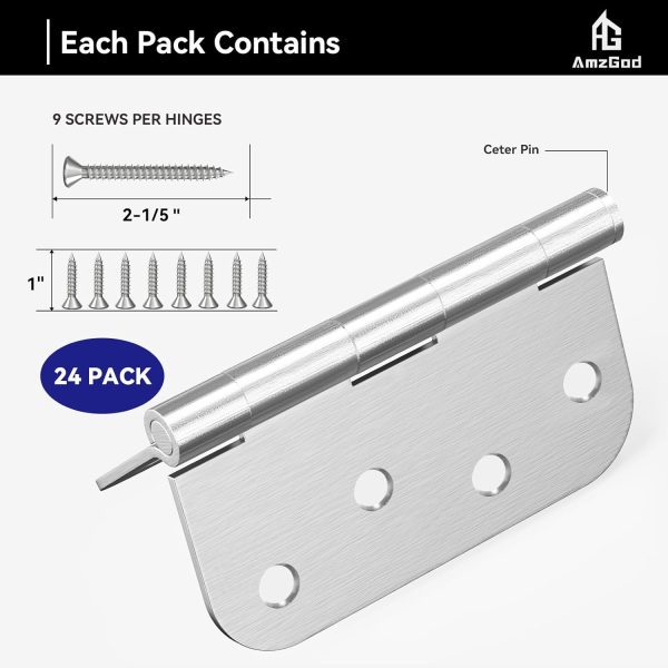 4 Inch Brushed Nickel Door Hinges with 5/8" Radius Corners Screw Size