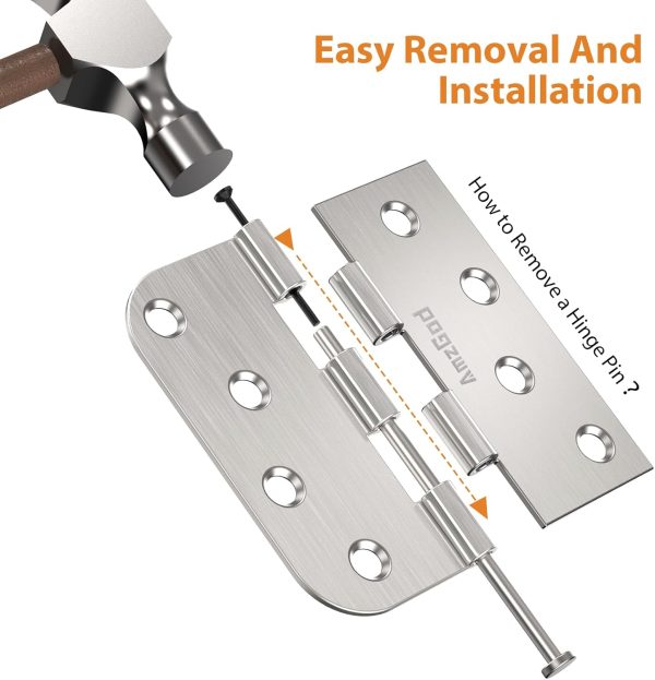 4 Inch Brushed Nickel Door Hinges with Square & 5/8" Radius Corners Remove A Pin