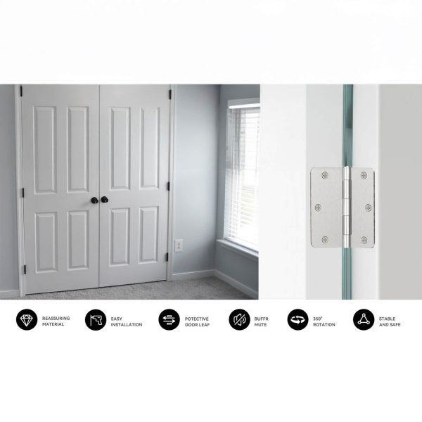 3.5 Inch Brushed Nickel Door Hinges with 1/4" Radius Corners and Features