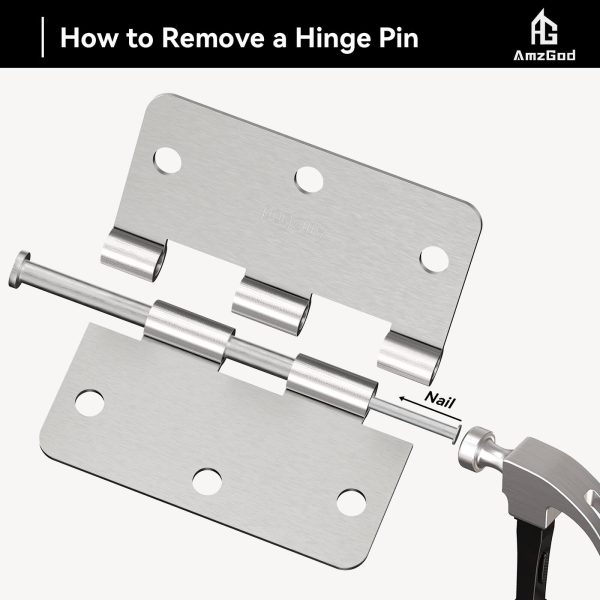 3.5 Inch Brushed Nickel Door Hinges with 1/4" Radius Corners Remove A Pin
