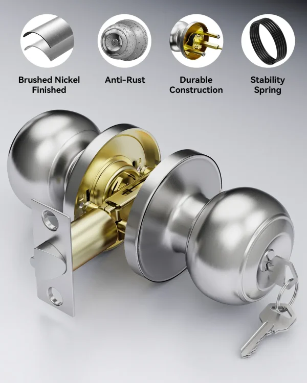 Brushed Nickel Door Knob with Lock – Keyed Entry, Durable & Modern