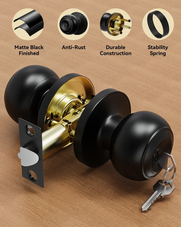 Matte Black Door Knob with Lock – Keyed Entry, Secure & Stylish