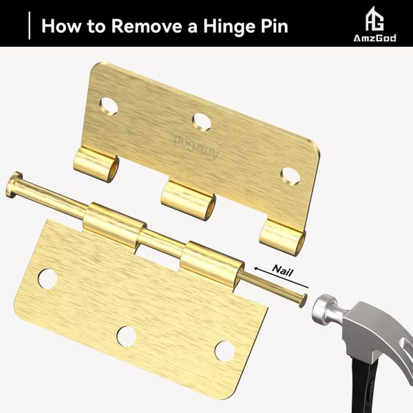 3.5 Inch Satin Brass Door Hinges with 1/4" Radius Corners Remove A Pin