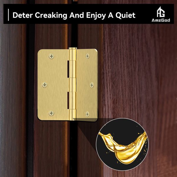 3.5 Inch Satin Brass Door Hinges with 1/4" Radius Corners Whisper-Quiet