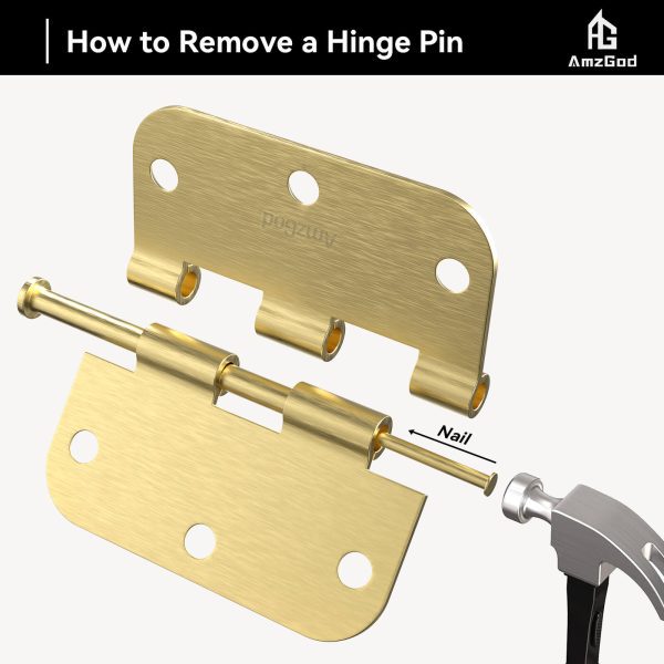 3.5 Inch Satin Brass Door Hinges with 5/8" Radius Corners Remove A Pin