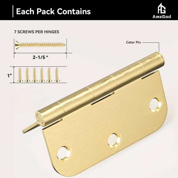 3.5 Inch Satin Brass Door Hinges with 5/8" Radius Corners Screw Size