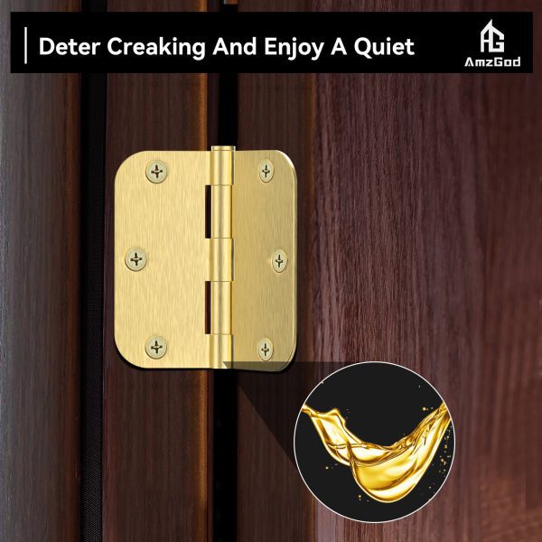 3.5 Inch Satin Brass Door Hinges with 5/8" Radius Corners Whisper-Quiet